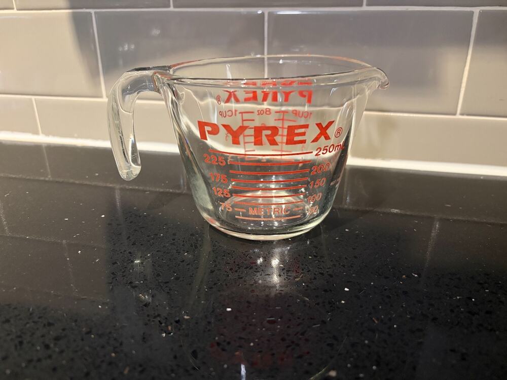 Vintage PYREX Red - J handle glass 1 cup/8 oz measuring cup -Borosilicate glass